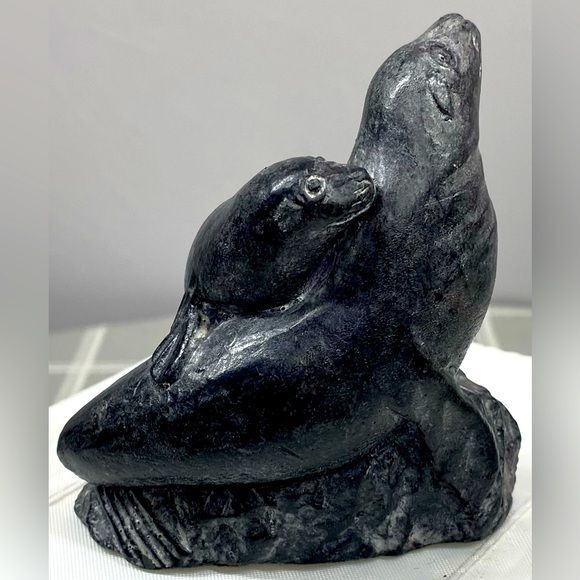 Seals Mom & Baby Carved Figurine Al Wolf Sculptures Canada Inuit Style Mammal - Picture 4 of 7